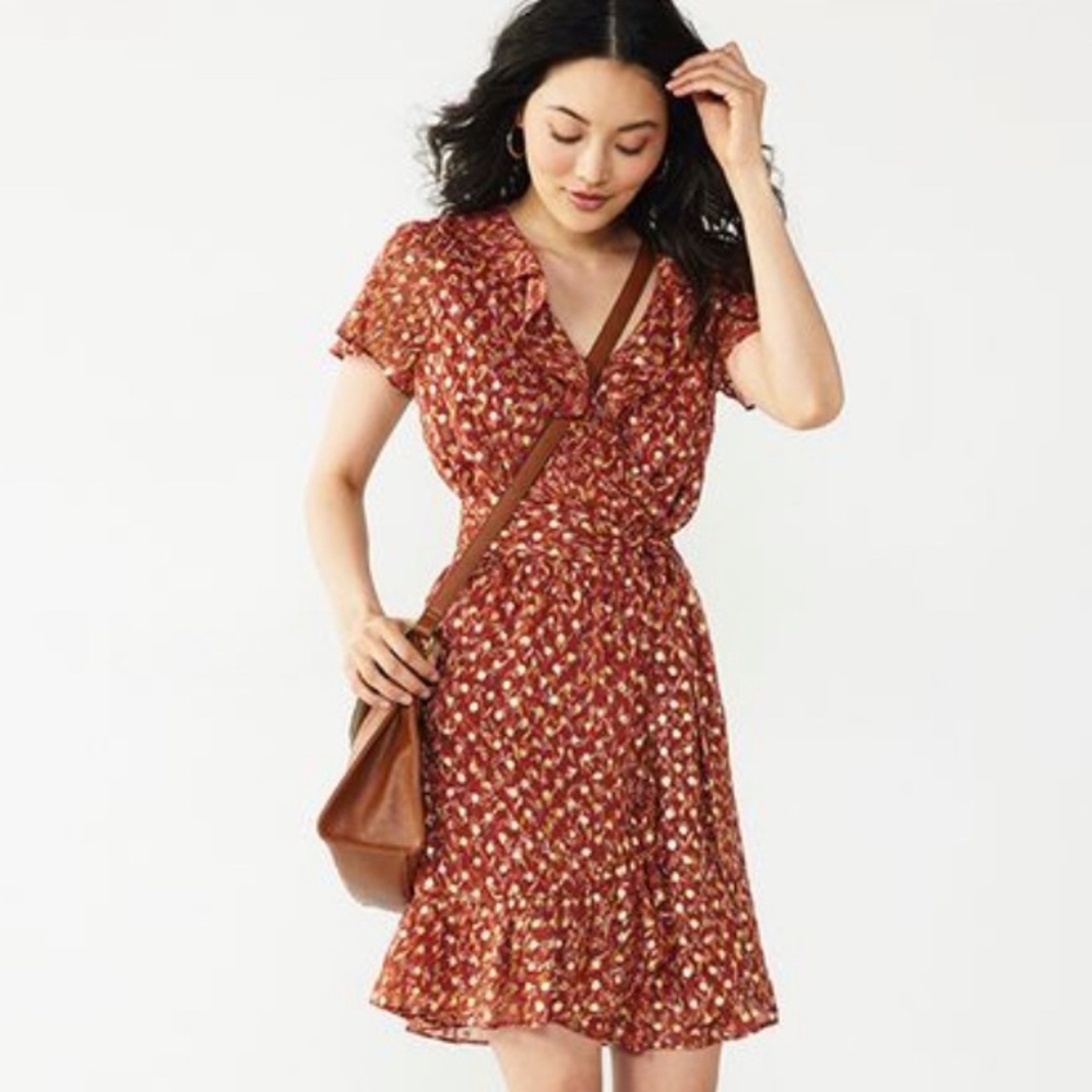 LC Lauren Conrad Maroon and Gold Wrap Dress
